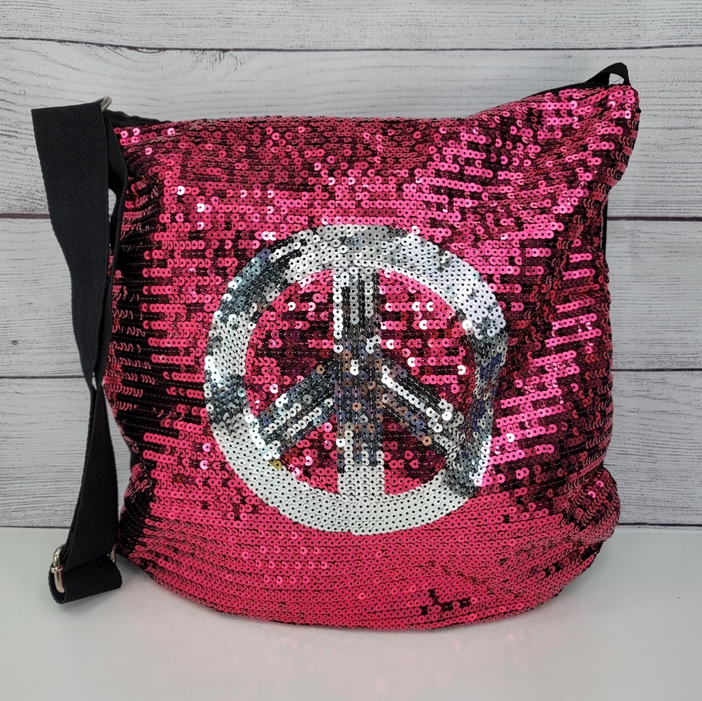 Fashion Express Pink Sequined Peace Symbol Tote Crossbody
